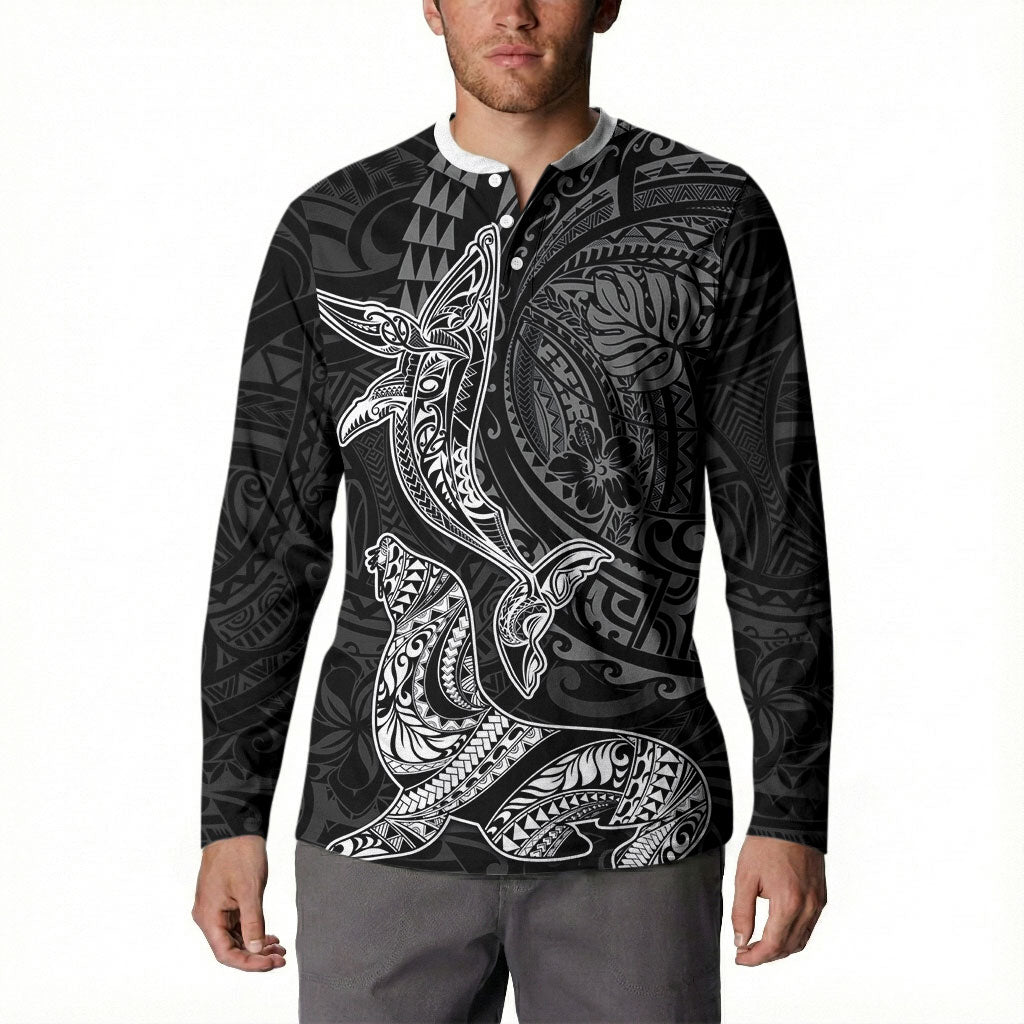 Hawaiian Monk Seal and Whale Button Sweatshirt Kakau Tribal Pattern Grayscale LT03 - Polynesian Pride