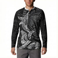 Hawaiian Monk Seal and Whale Button Sweatshirt Kakau Tribal Pattern Grayscale LT03 - Polynesian Pride