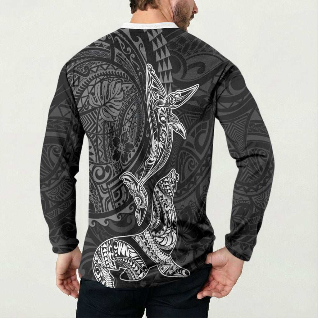Hawaiian Monk Seal and Whale Button Sweatshirt Kakau Tribal Pattern Grayscale LT03 - Polynesian Pride