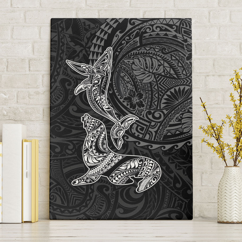 Hawaiian Monk Seal and Whale Canvas Wall Art Kakau Tribal Pattern Grayscale LT03 Without Frame Black - Polynesian Pride