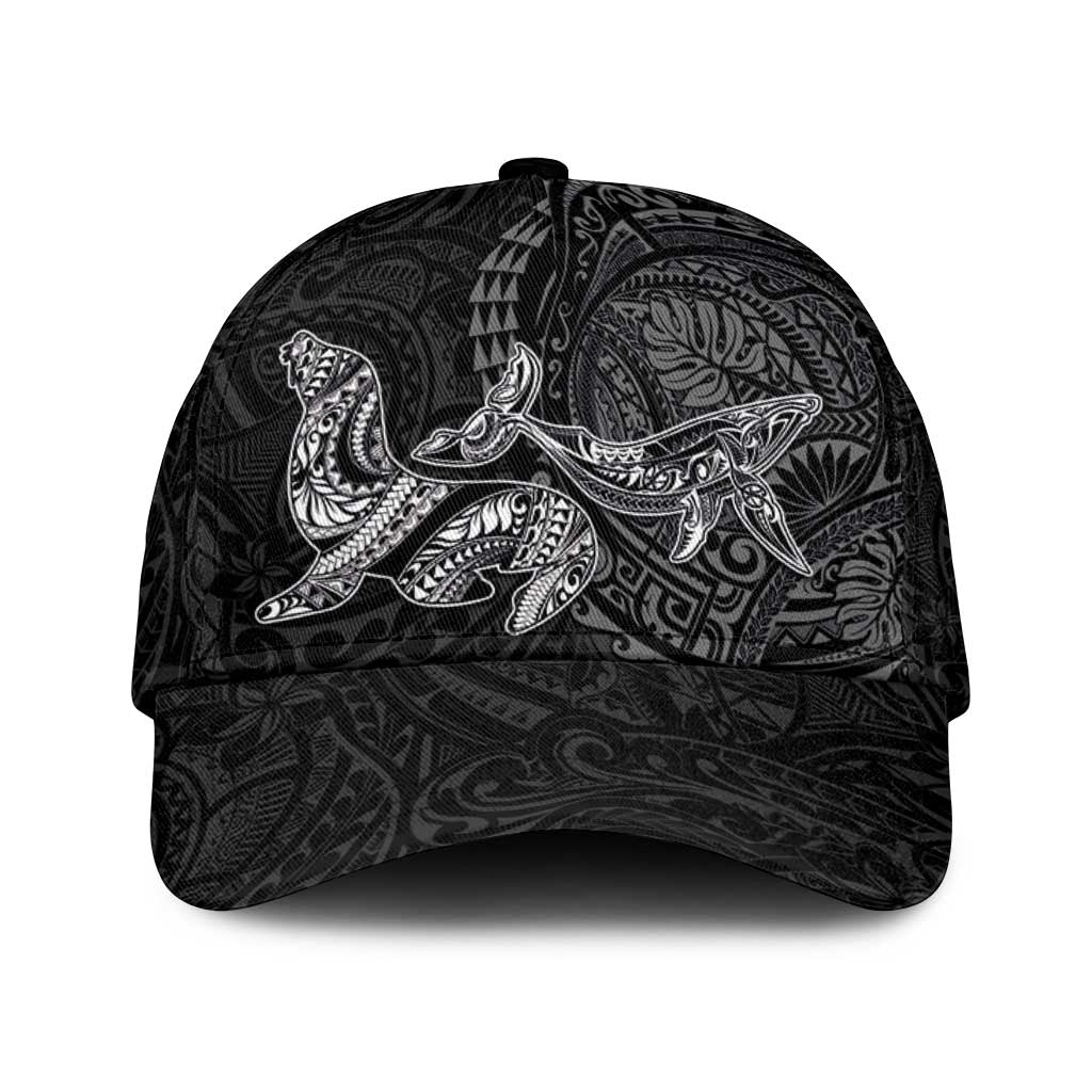 Hawaiian Monk Seal and Whale Classic Cap Kakau Tribal Pattern Grayscale LT03 Universal Fit Black - Polynesian Pride