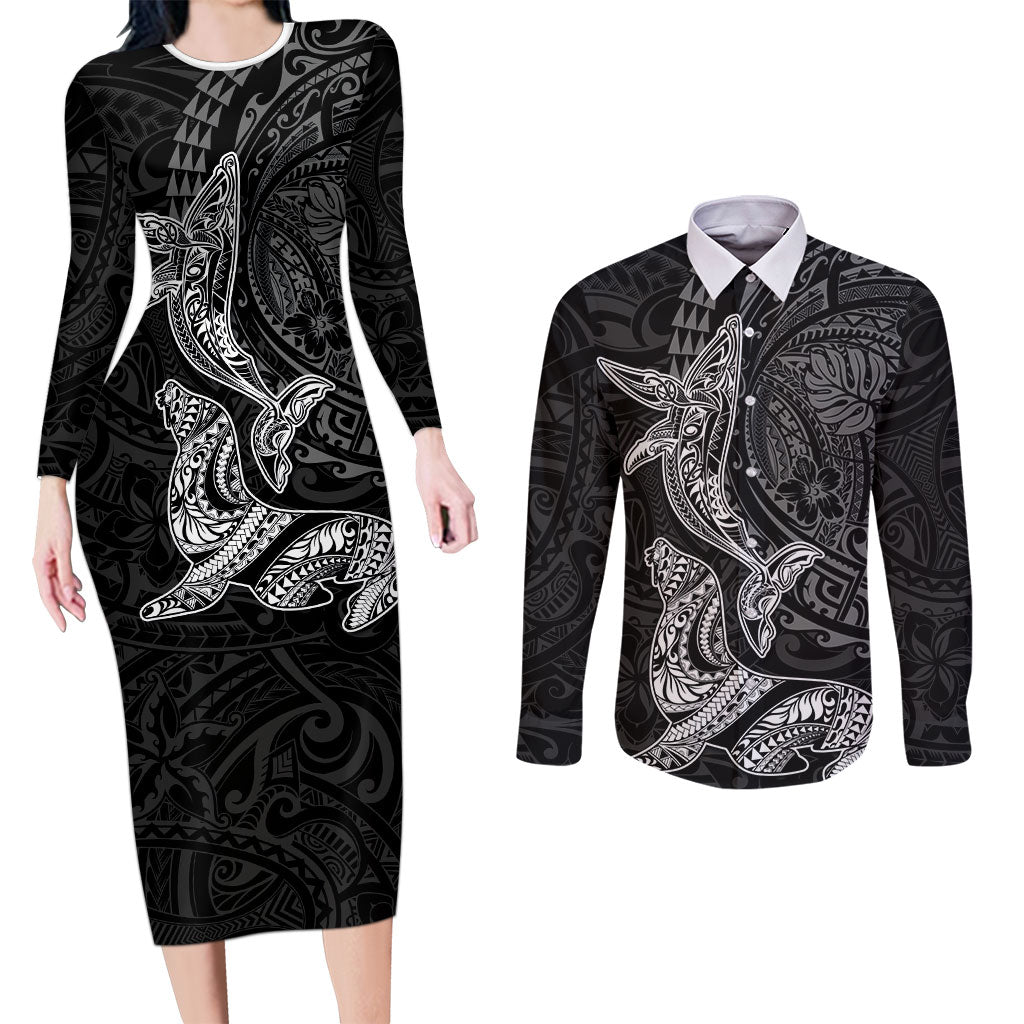 Hawaiian Monk Seal and Whale Couples Matching Long Sleeve Bodycon Dress and Long Sleeve Button Shirt Kakau Tribal Pattern Grayscale LT03 Black - Polynesian Pride