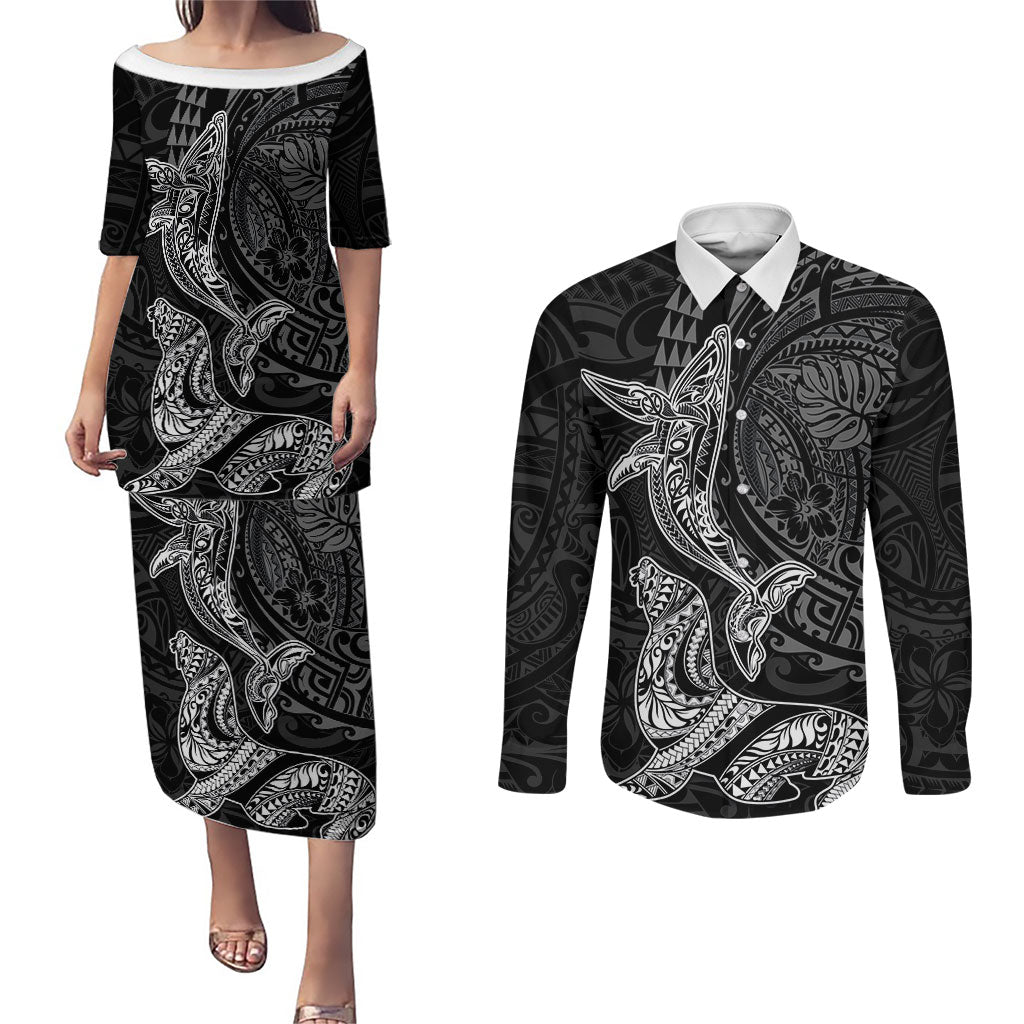 Hawaiian Monk Seal and Whale Couples Matching Puletasi and Long Sleeve Button Shirt Kakau Tribal Pattern Grayscale LT03 Black - Polynesian Pride