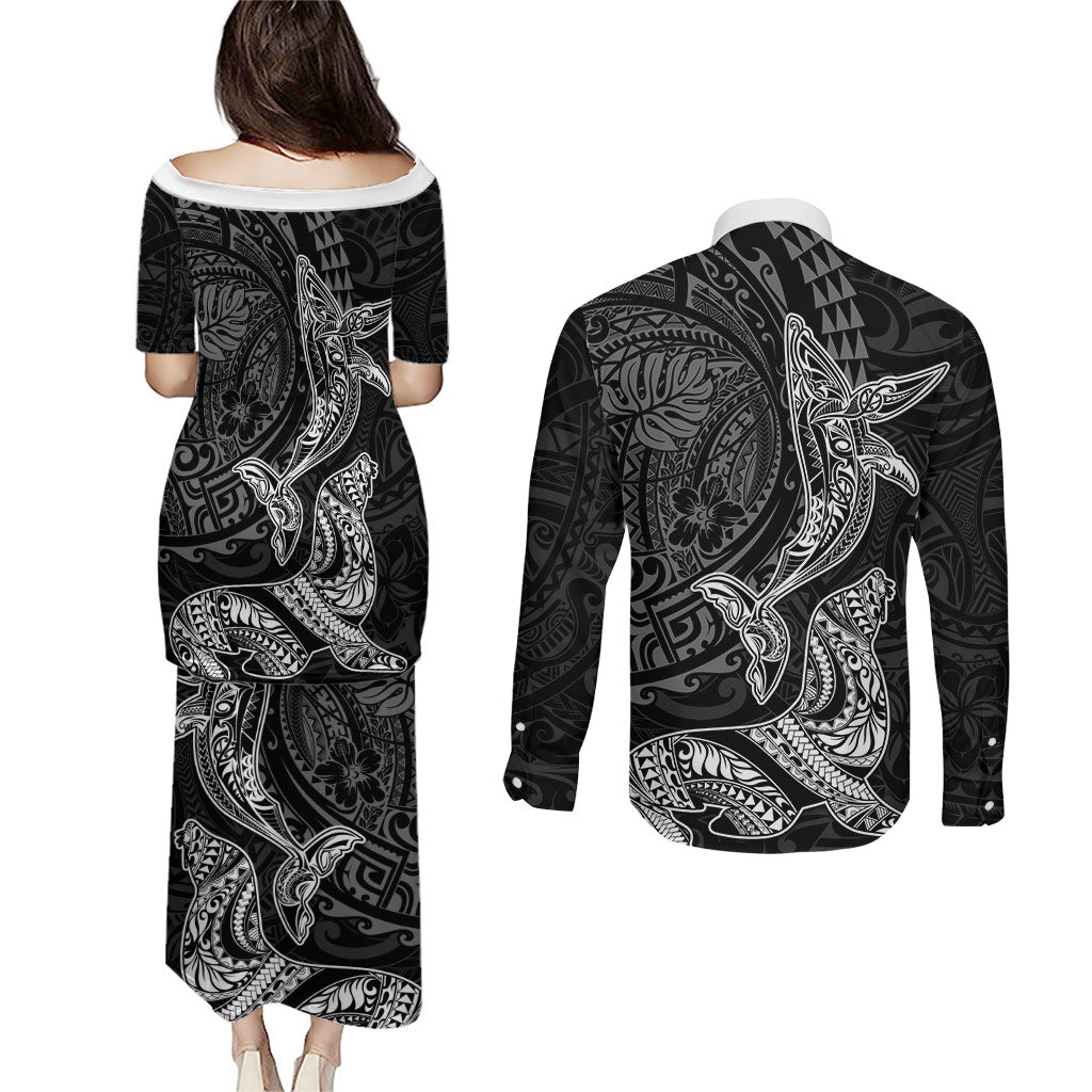 Hawaiian Monk Seal and Whale Couples Matching Puletasi and Long Sleeve Button Shirt Kakau Tribal Pattern Grayscale LT03 - Polynesian Pride