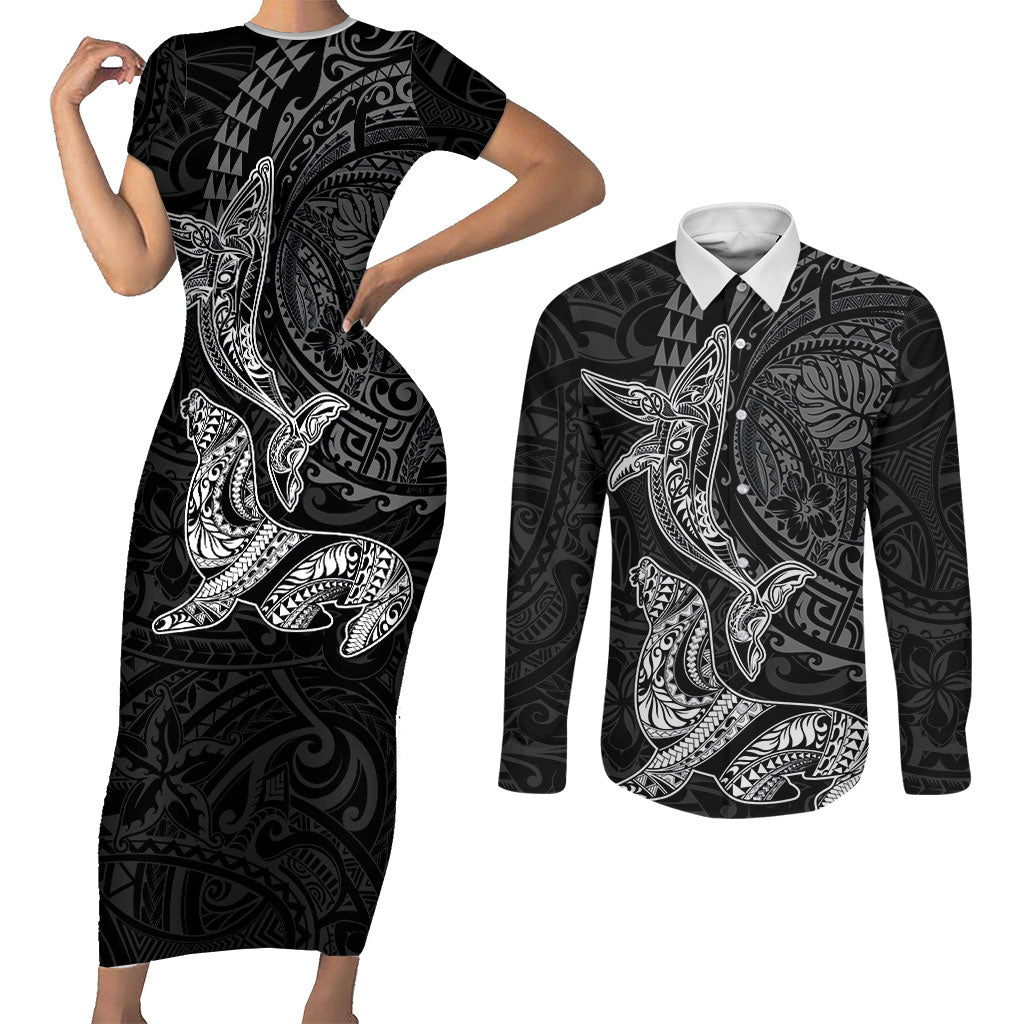 Hawaiian Monk Seal and Whale Couples Matching Short Sleeve Bodycon Dress and Long Sleeve Button Shirt Kakau Tribal Pattern Grayscale LT03 Black - Polynesian Pride