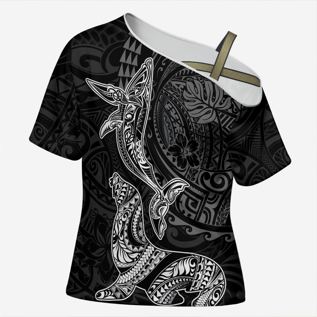 Hawaiian Monk Seal and Whale Cross Shoulder Shirt Kakau Tribal Pattern Grayscale LT03 Female Black - Polynesian Pride
