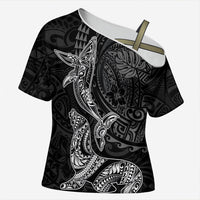 Hawaiian Monk Seal and Whale Cross Shoulder Shirt Kakau Tribal Pattern Grayscale LT03 Female Black - Polynesian Pride