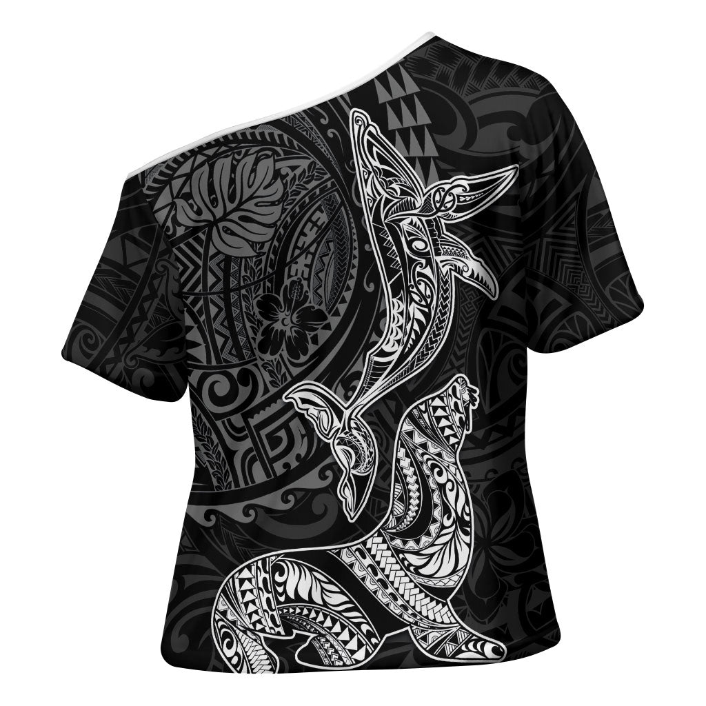 Hawaiian Monk Seal and Whale Cross Shoulder Shirt Kakau Tribal Pattern Grayscale LT03 - Polynesian Pride