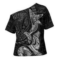 Hawaiian Monk Seal and Whale Cross Shoulder Shirt Kakau Tribal Pattern Grayscale LT03 - Polynesian Pride