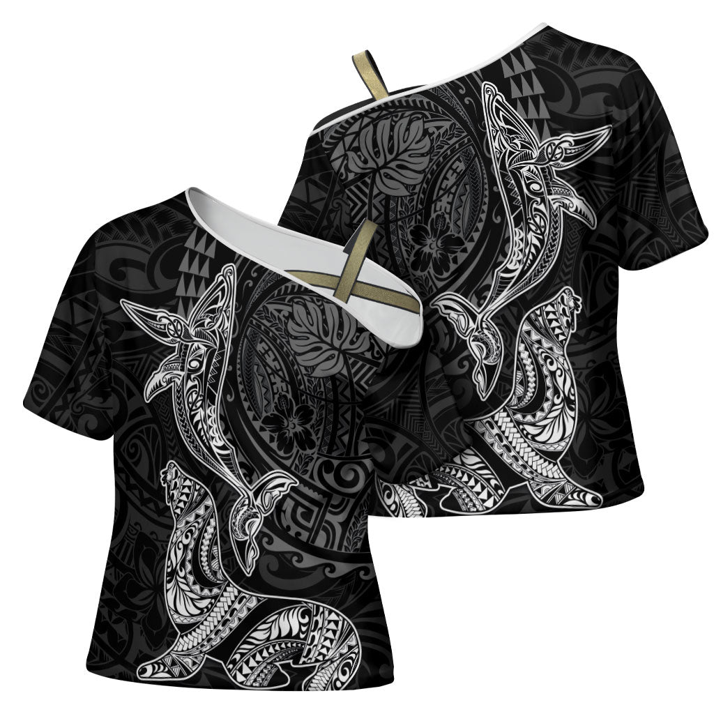 Hawaiian Monk Seal and Whale Cross Shoulder Shirt Kakau Tribal Pattern Grayscale LT03 - Polynesian Pride
