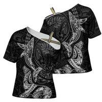 Hawaiian Monk Seal and Whale Cross Shoulder Shirt Kakau Tribal Pattern Grayscale LT03 - Polynesian Pride