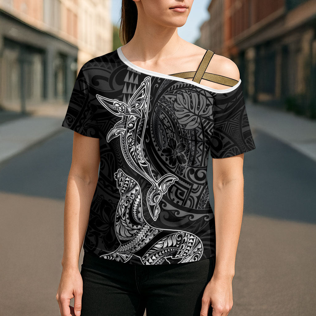 Hawaiian Monk Seal and Whale Cross Shoulder Shirt Kakau Tribal Pattern Grayscale LT03 - Polynesian Pride