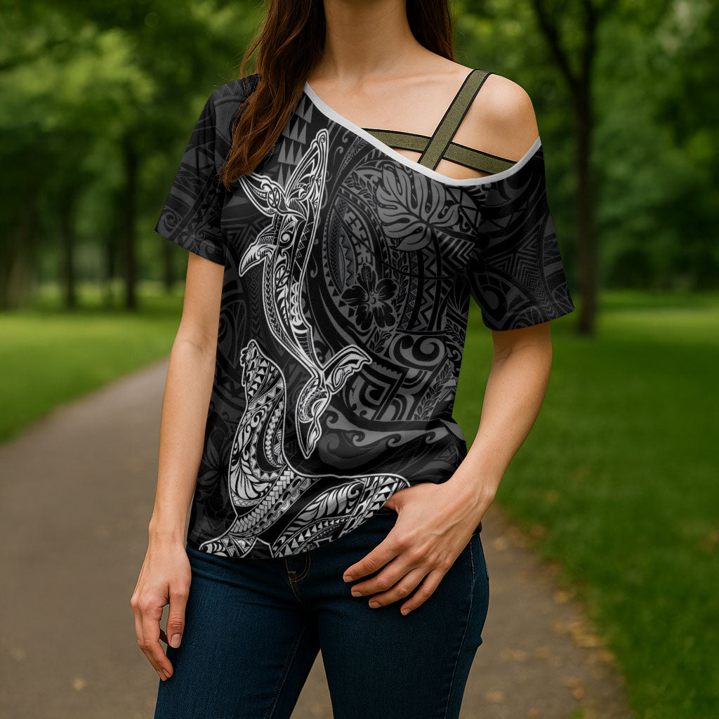 Hawaiian Monk Seal and Whale Cross Shoulder Shirt Kakau Tribal Pattern Grayscale LT03 - Polynesian Pride