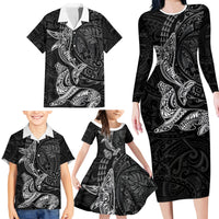 Hawaiian Monk Seal and Whale Family Matching Long Sleeve Bodycon Dress and Hawaiian Shirt Kakau Tribal Pattern Grayscale