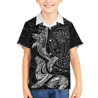 Hawaiian Monk Seal and Whale Family Matching Long Sleeve Bodycon Dress and Hawaiian Shirt Kakau Tribal Pattern Grayscale