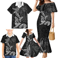 Hawaiian Monk Seal and Whale Family Matching Mermaid Dress and Hawaiian Shirt Kakau Tribal Pattern Grayscale