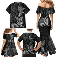 Hawaiian Monk Seal and Whale Family Matching Mermaid Dress and Hawaiian Shirt Kakau Tribal Pattern Grayscale