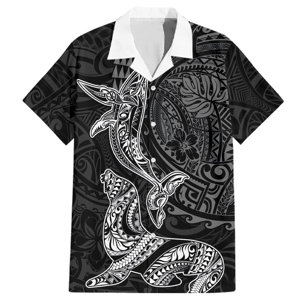 Hawaiian Monk Seal and Whale Family Matching Mermaid Dress and Hawaiian Shirt Kakau Tribal Pattern Grayscale