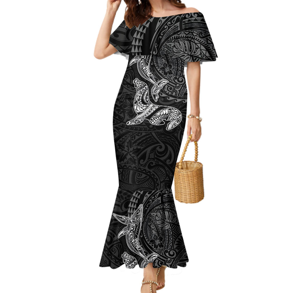 Hawaiian Monk Seal and Whale Family Matching Mermaid Dress and Hawaiian Shirt Kakau Tribal Pattern Grayscale
