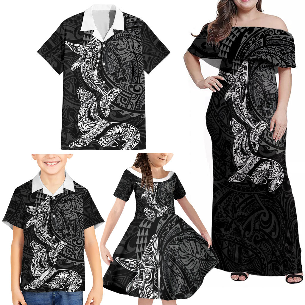 Hawaiian Monk Seal and Whale Family Matching Off Shoulder Maxi Dress and Hawaiian Shirt Kakau Tribal Pattern Grayscale LT03 - Polynesian Pride