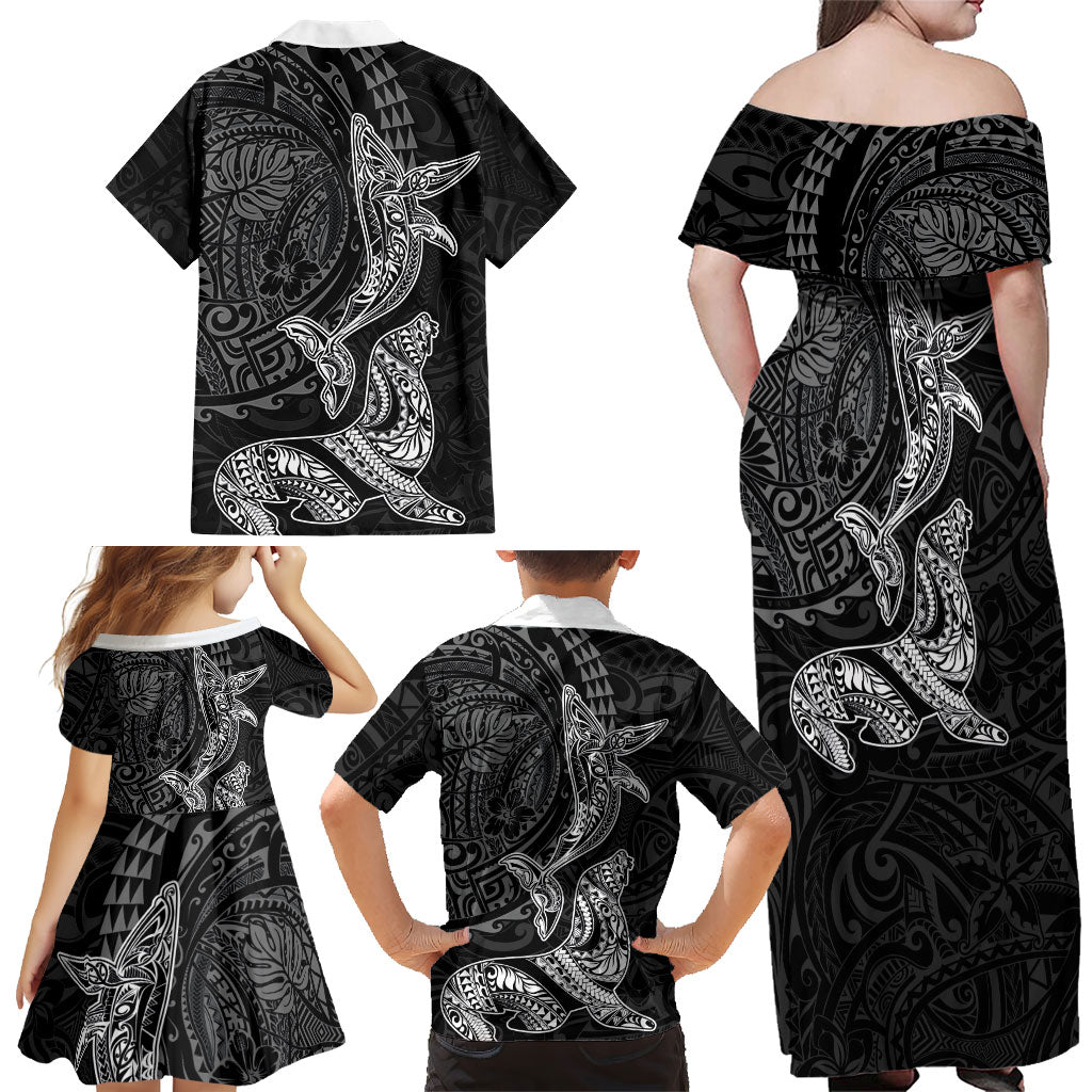 Hawaiian Monk Seal and Whale Family Matching Off Shoulder Maxi Dress and Hawaiian Shirt Kakau Tribal Pattern Grayscale