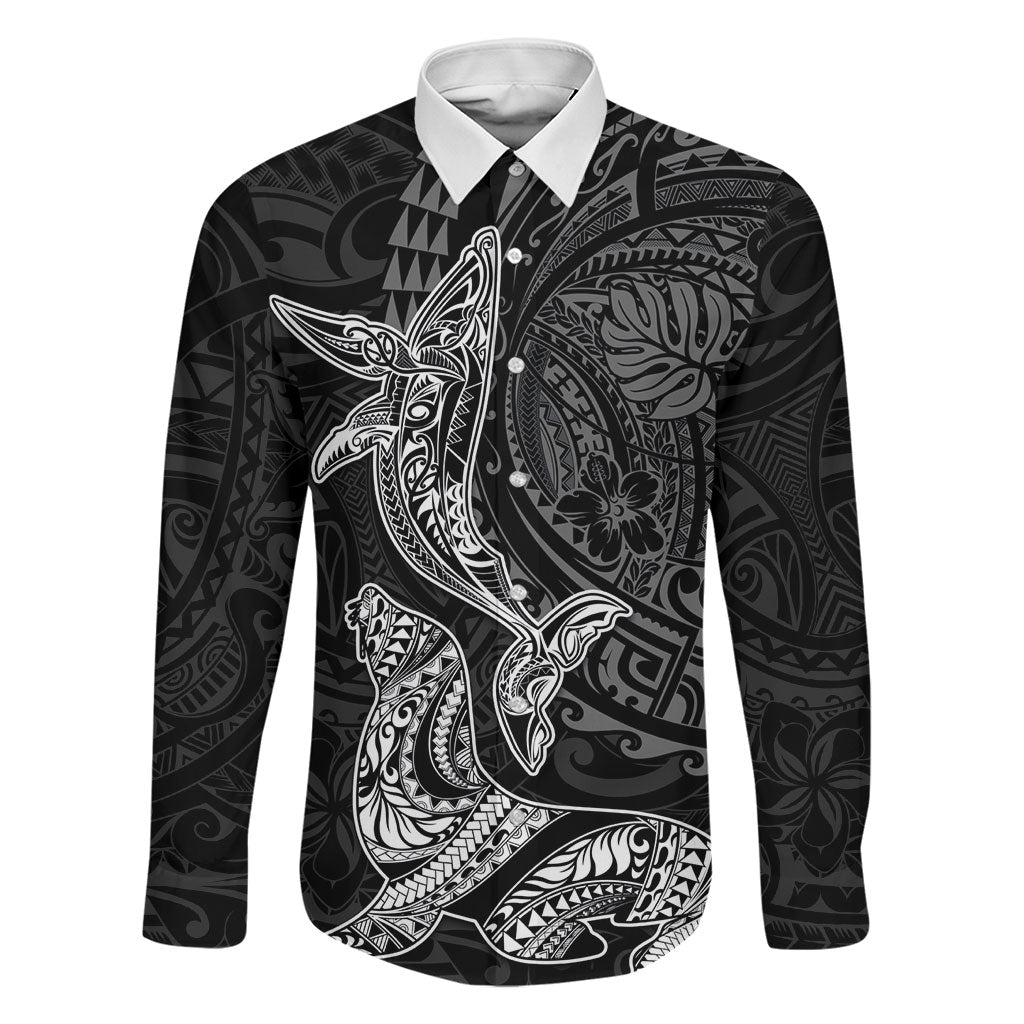 Hawaiian Monk Seal and Whale Family Matching Off Shoulder Maxi Dress and Hawaiian Shirt Kakau Tribal Pattern Grayscale