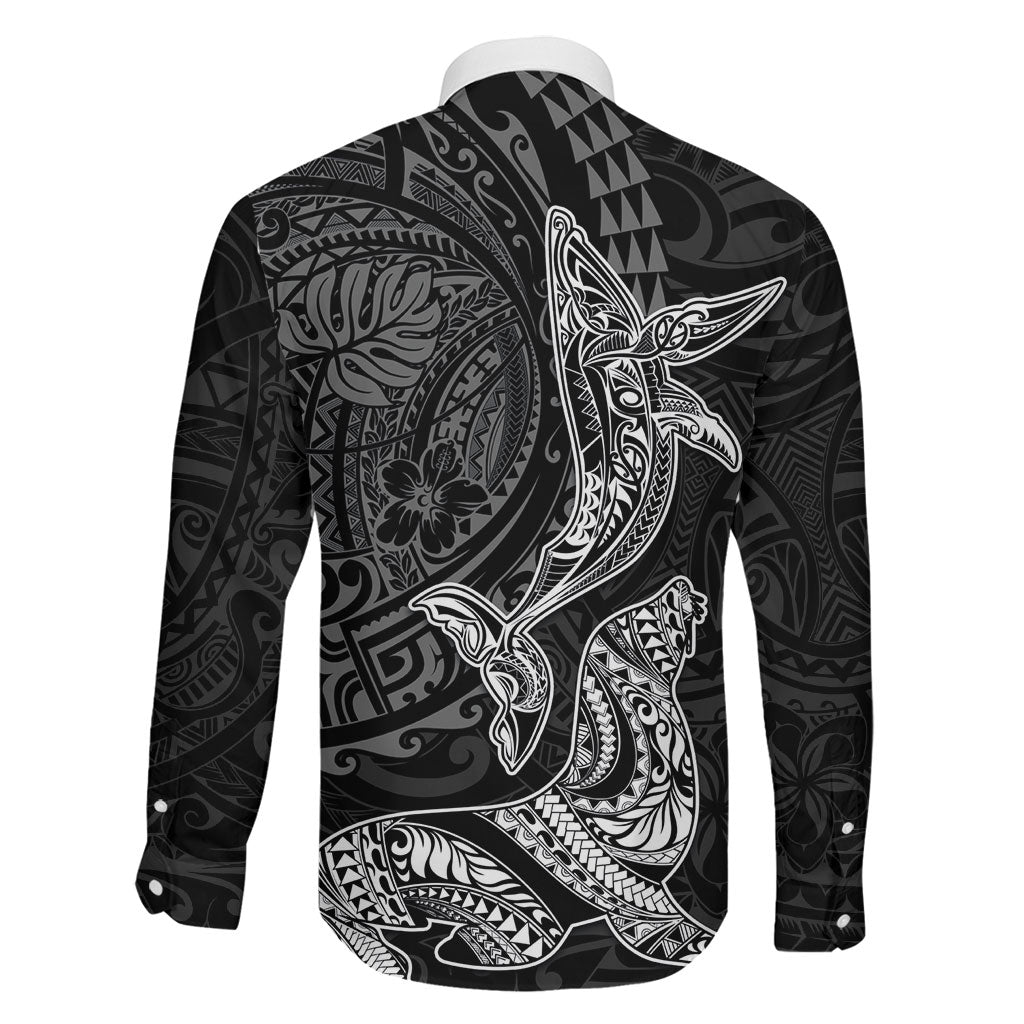 Hawaiian Monk Seal and Whale Family Matching Off Shoulder Maxi Dress and Hawaiian Shirt Kakau Tribal Pattern Grayscale
