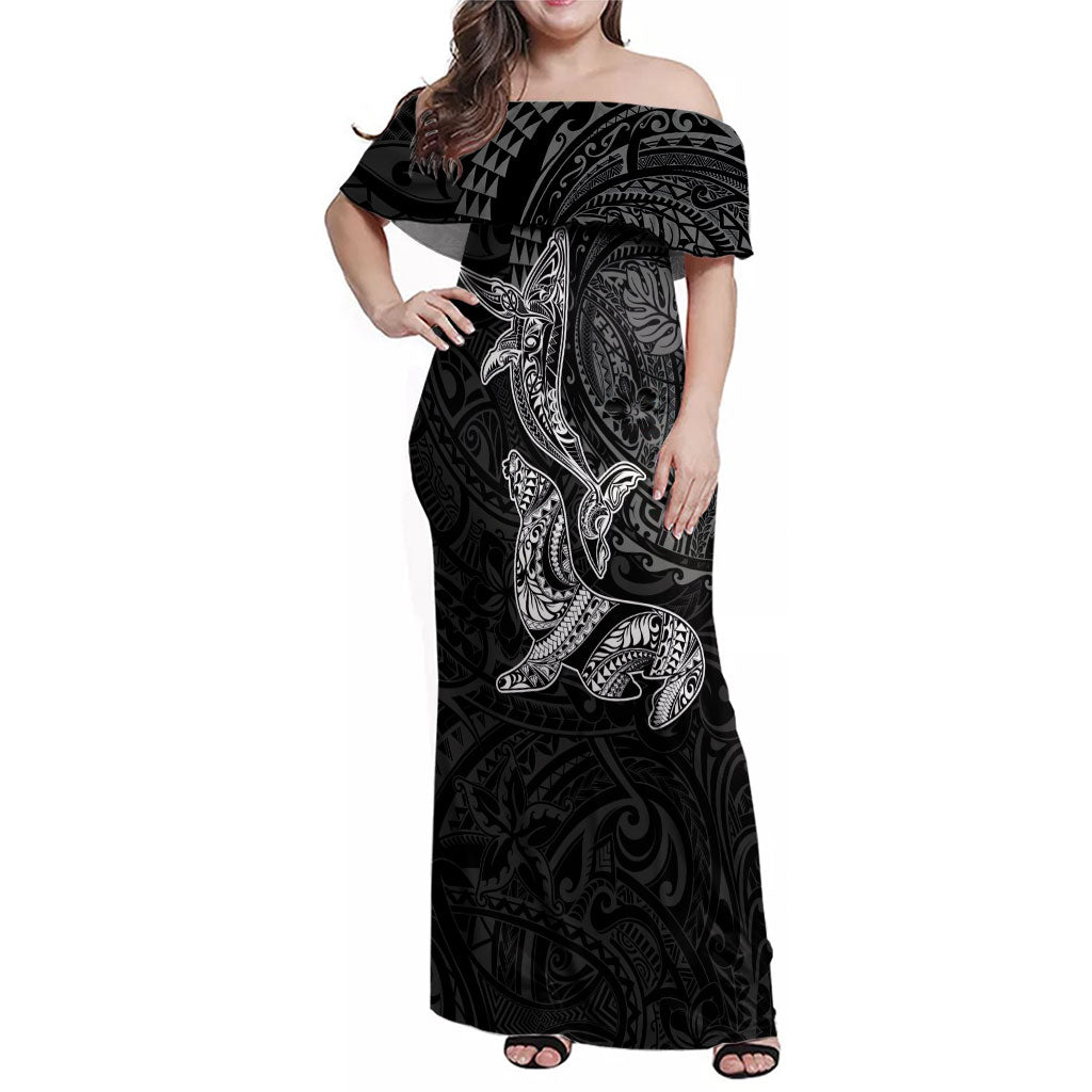 Hawaiian Monk Seal and Whale Family Matching Off Shoulder Maxi Dress and Hawaiian Shirt Kakau Tribal Pattern Grayscale