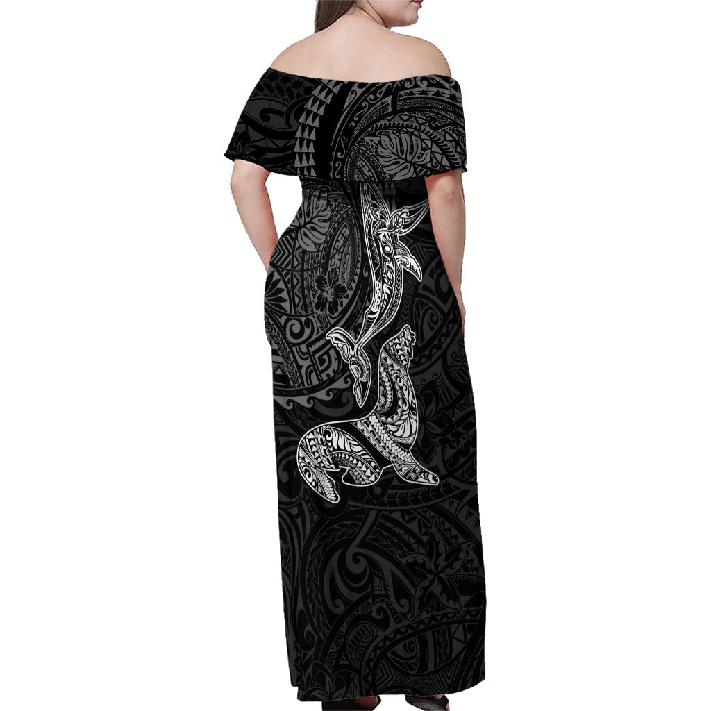 Hawaiian Monk Seal and Whale Family Matching Off Shoulder Maxi Dress and Hawaiian Shirt Kakau Tribal Pattern Grayscale