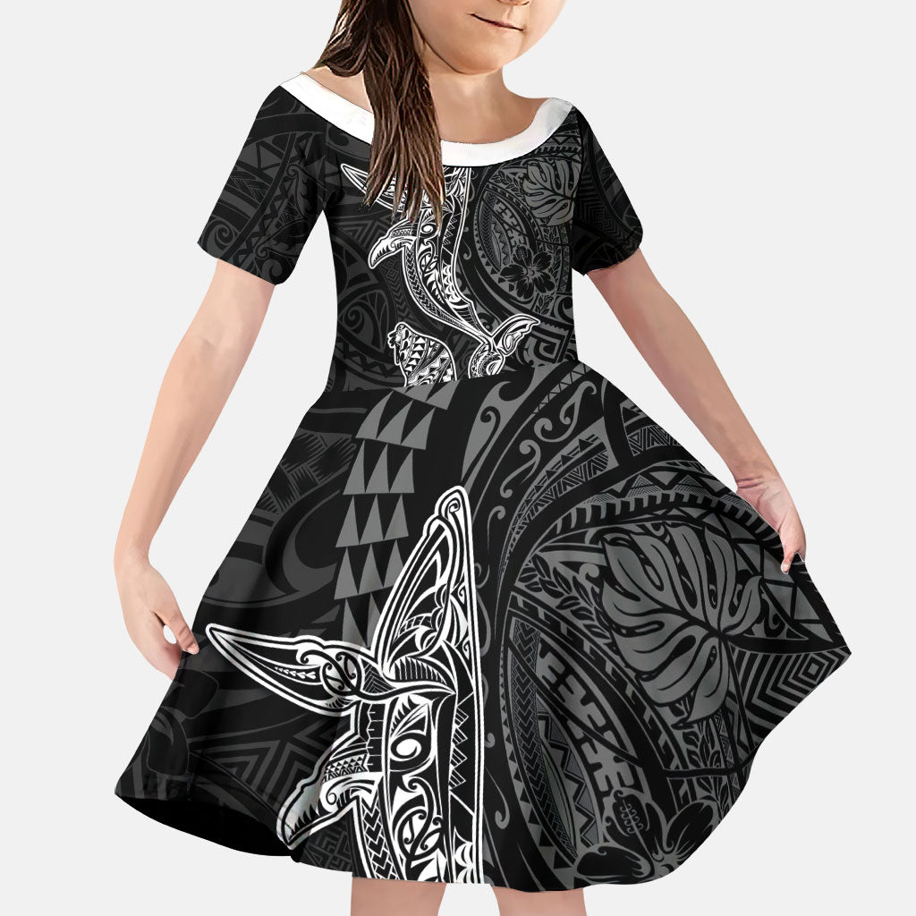 Hawaiian Monk Seal and Whale Family Matching Off Shoulder Short Dress and Hawaiian Shirt Kakau Tribal Pattern Grayscale