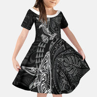 Hawaiian Monk Seal and Whale Family Matching Off Shoulder Short Dress and Hawaiian Shirt Kakau Tribal Pattern Grayscale