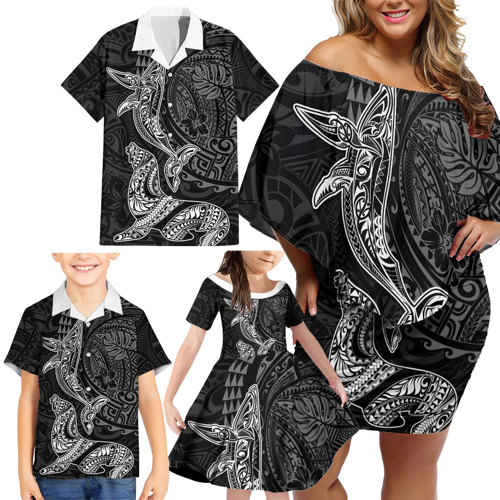 Hawaiian Monk Seal and Whale Family Matching Off Shoulder Short Dress and Hawaiian Shirt Kakau Tribal Pattern Grayscale
