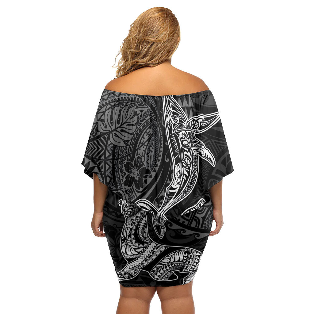 Hawaiian Monk Seal and Whale Family Matching Off Shoulder Short Dress and Hawaiian Shirt Kakau Tribal Pattern Grayscale