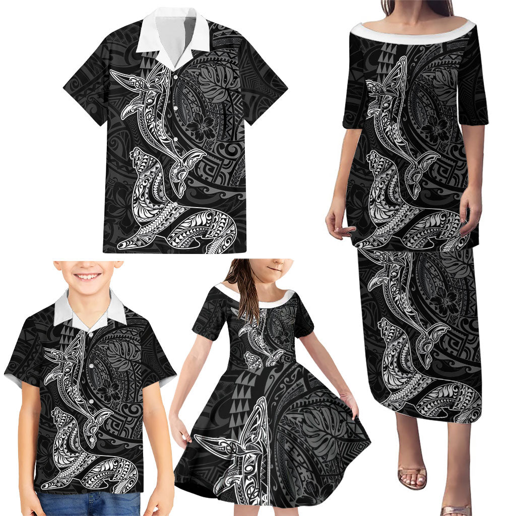 Hawaiian Monk Seal and Whale Family Matching Puletasi and Hawaiian Shirt Kakau Tribal Pattern Grayscale LT03 - Polynesian Pride