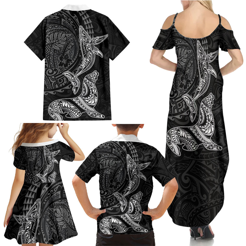 Hawaiian Monk Seal and Whale Family Matching Summer Maxi Dress and Hawaiian Shirt Kakau Tribal Pattern Grayscale