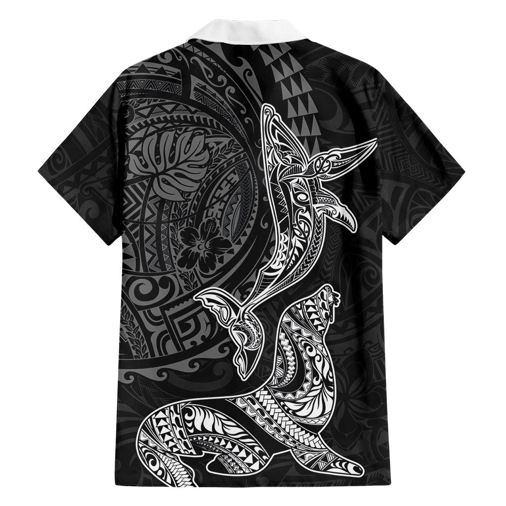 Hawaiian Monk Seal and Whale Family Matching Summer Maxi Dress and Hawaiian Shirt Kakau Tribal Pattern Grayscale