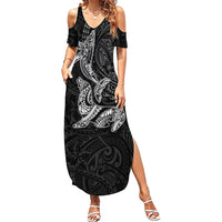 Hawaiian Monk Seal and Whale Family Matching Summer Maxi Dress and Hawaiian Shirt Kakau Tribal Pattern Grayscale