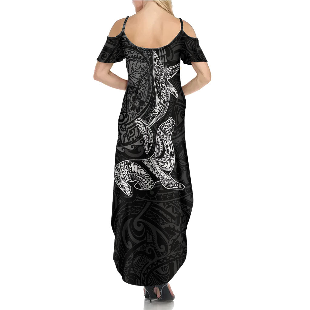 Hawaiian Monk Seal and Whale Family Matching Summer Maxi Dress and Hawaiian Shirt Kakau Tribal Pattern Grayscale