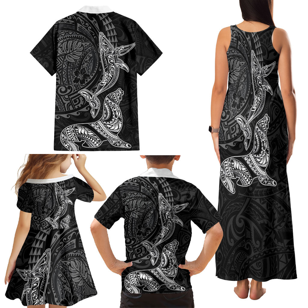 Hawaiian Monk Seal and Whale Family Matching Tank Maxi Dress and Hawaiian Shirt Kakau Tribal Pattern Grayscale