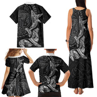 Hawaiian Monk Seal and Whale Family Matching Tank Maxi Dress and Hawaiian Shirt Kakau Tribal Pattern Grayscale