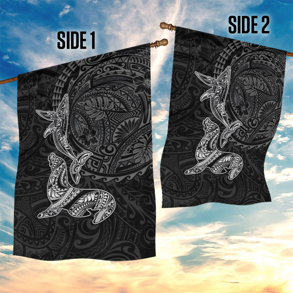 Hawaiian Monk Seal and Whale Garden Flag Kakau Tribal Pattern Grayscale LT03 - Polynesian Pride
