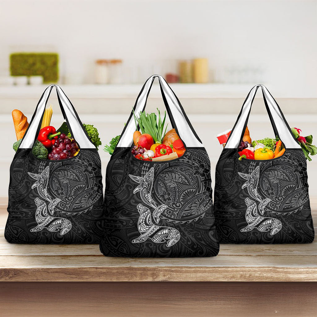 Hawaiian Monk Seal and Whale Grocery Bag Kakau Tribal Pattern Grayscale LT03 3-pack One Size Black - Polynesian Pride