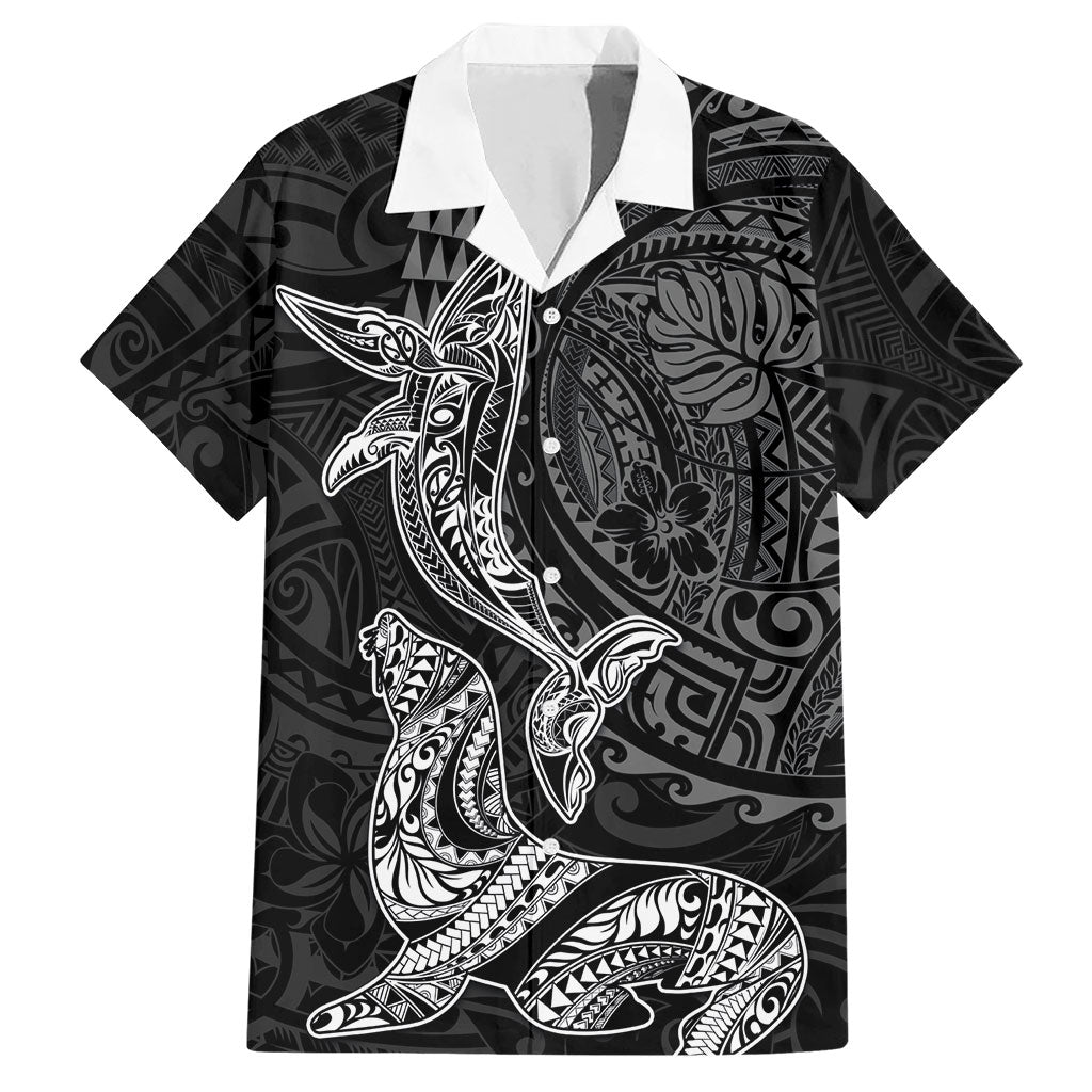Hawaiian Monk Seal and Whale Hawaiian Shirt Kakau Tribal Pattern Grayscale