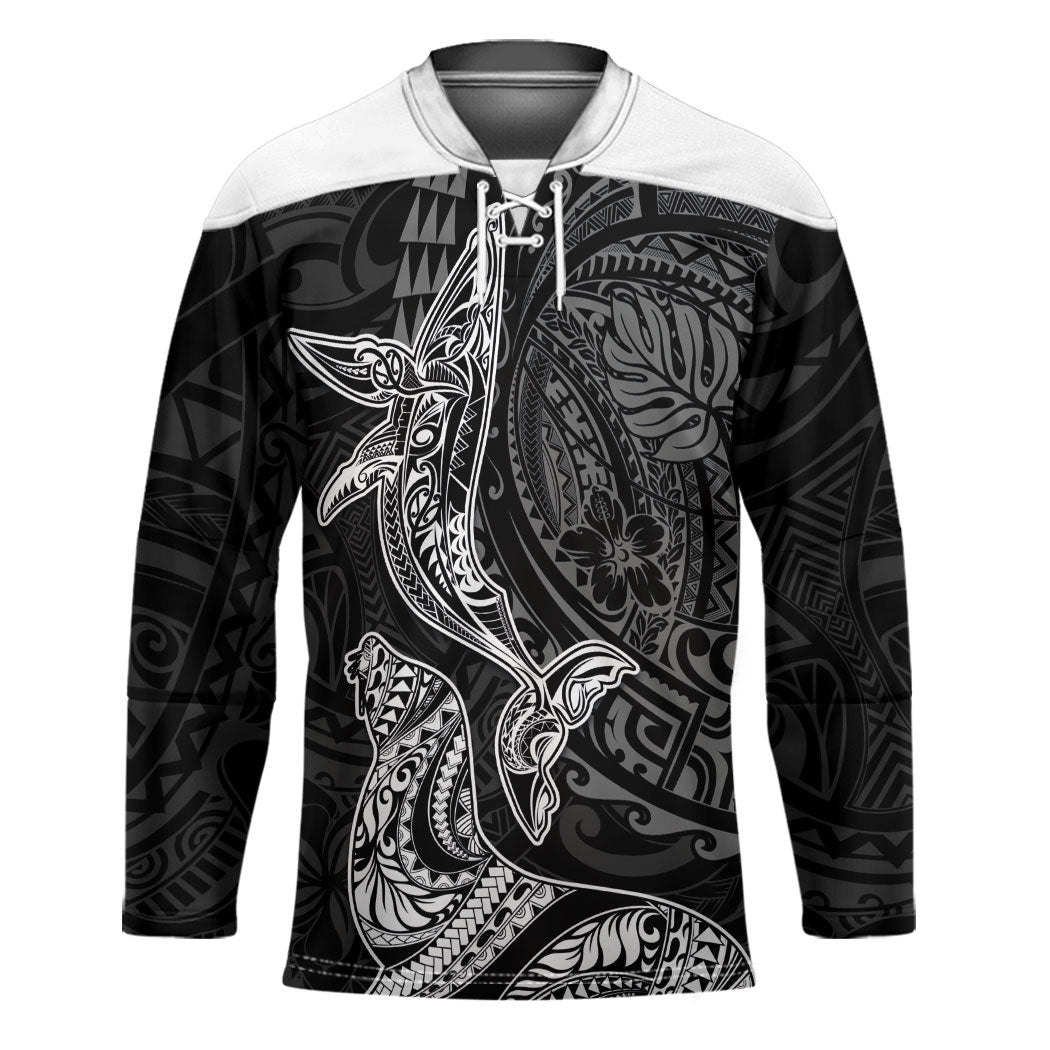 Hawaiian Monk Seal and Whale Hockey Jersey Kakau Tribal Pattern Grayscale LT03 Unisex Black - Polynesian Pride