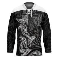 Hawaiian Monk Seal and Whale Hockey Jersey Kakau Tribal Pattern Grayscale LT03 Unisex Black - Polynesian Pride