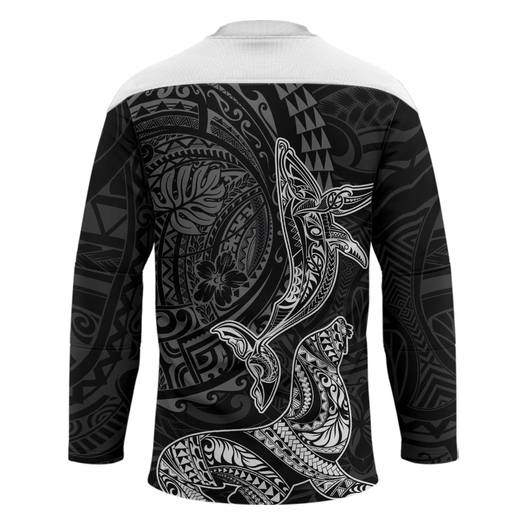 Hawaiian Monk Seal and Whale Hockey Jersey Kakau Tribal Pattern Grayscale LT03 - Polynesian Pride