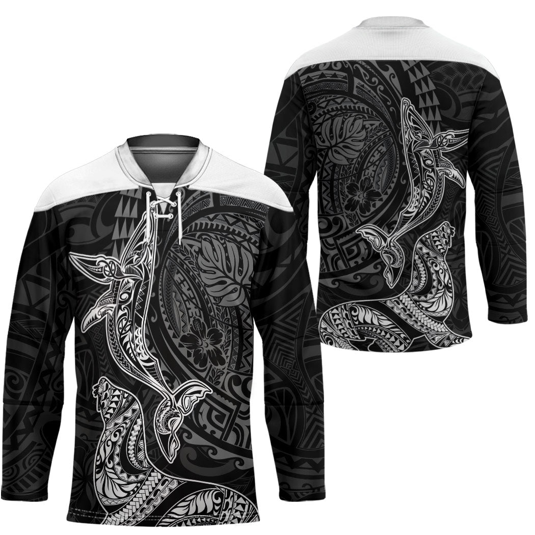 Hawaiian Monk Seal and Whale Hockey Jersey Kakau Tribal Pattern Grayscale LT03 - Polynesian Pride