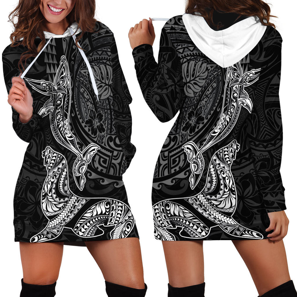Hawaiian Monk Seal and Whale Hoodie Dress Kakau Tribal Pattern Grayscale LT03 - Polynesian Pride