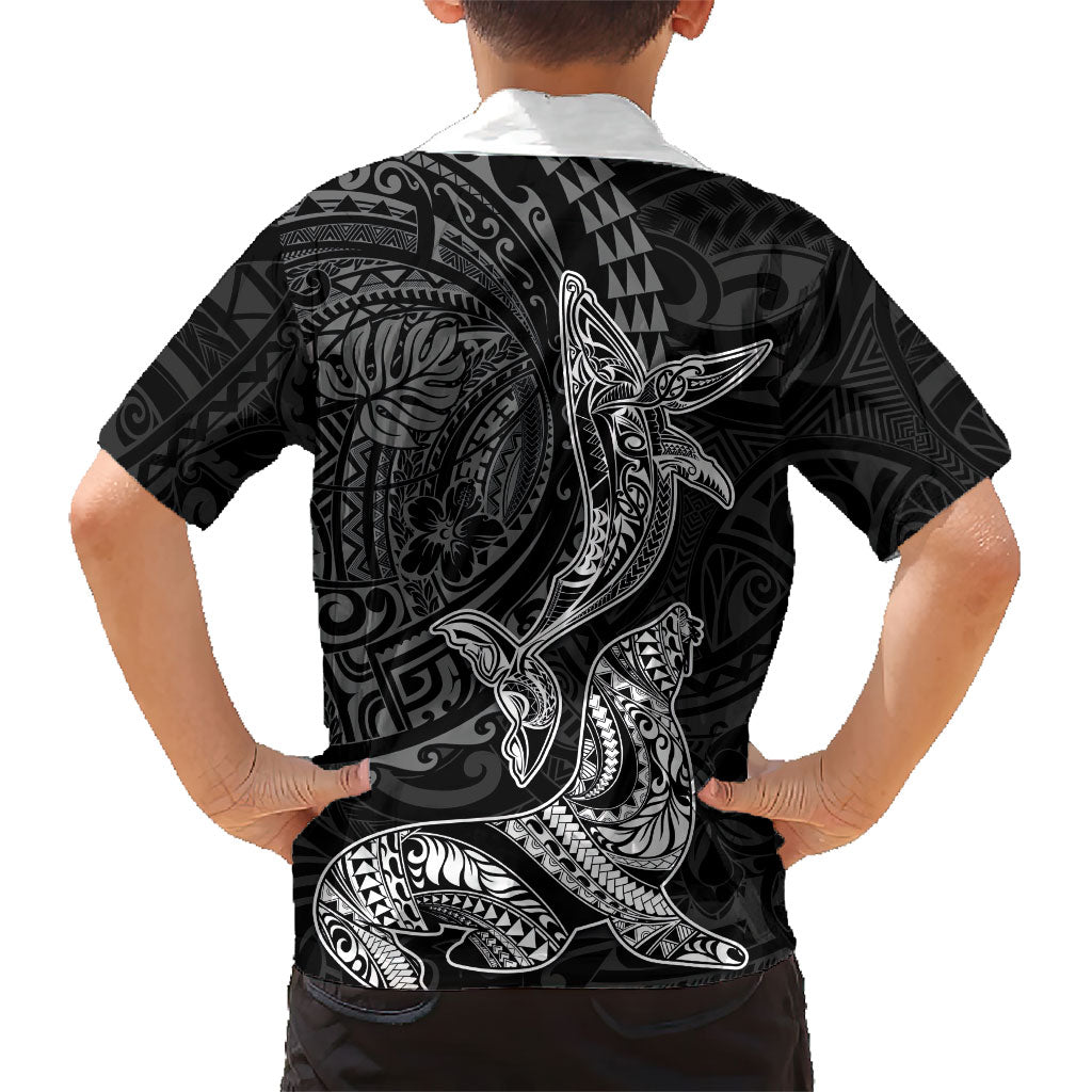 Hawaiian Monk Seal and Whale Kid Hawaiian Shirt Kakau Tribal Pattern Grayscale LT03 - Polynesian Pride