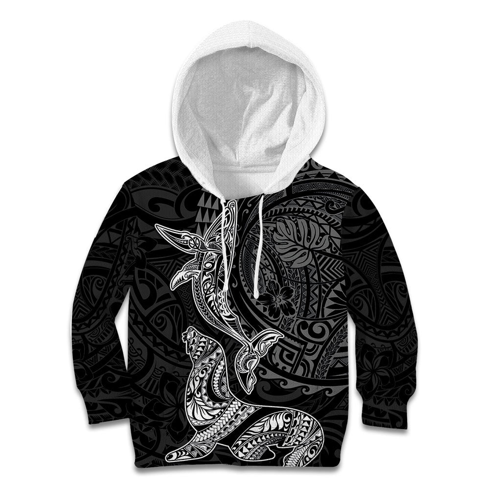 Hawaiian Monk Seal and Whale Kid Hoodie Kakau Tribal Pattern Grayscale